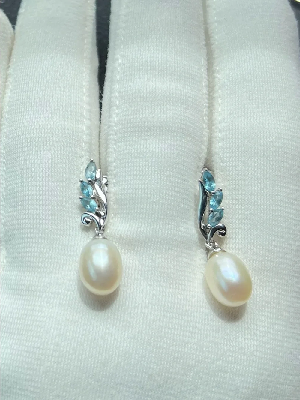 Freshwater Pearl Drop Earrings with Blue Topaz Accents